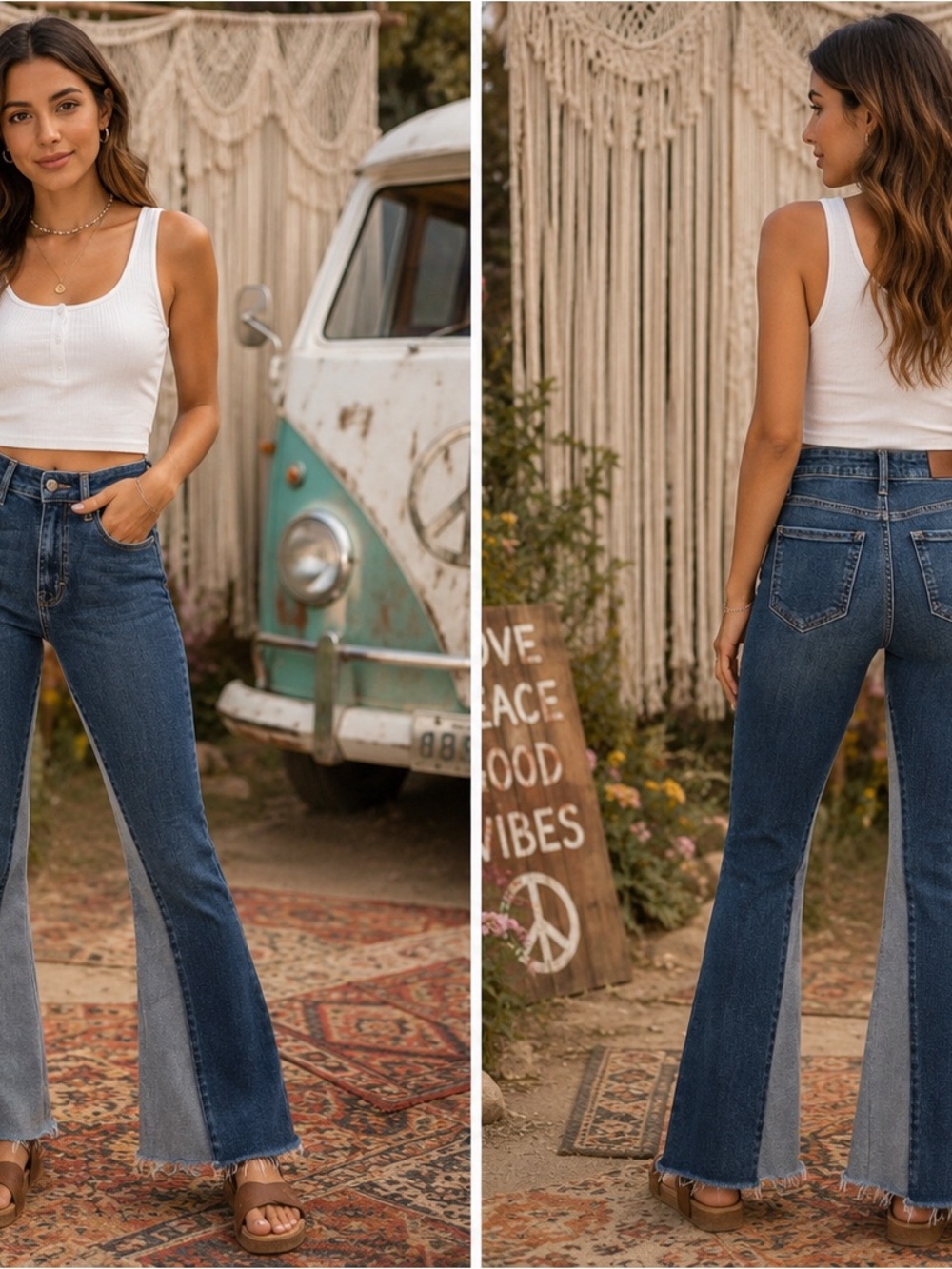 High-Rise Two-Tone Flare Jeans - Dark Blue